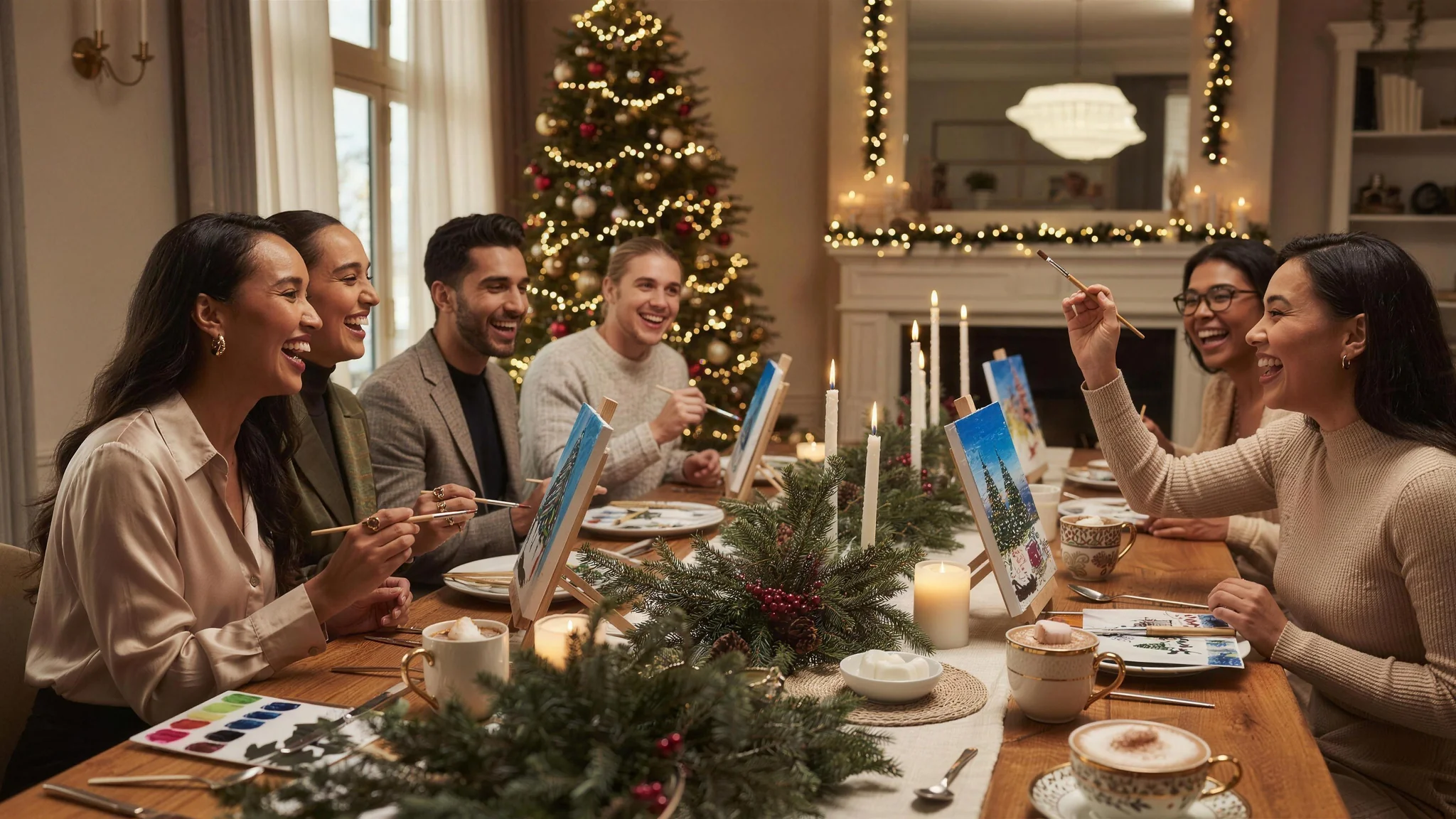 Stylish friends painting on canvas easels around a decorated dinner table at a festive holiday gathering