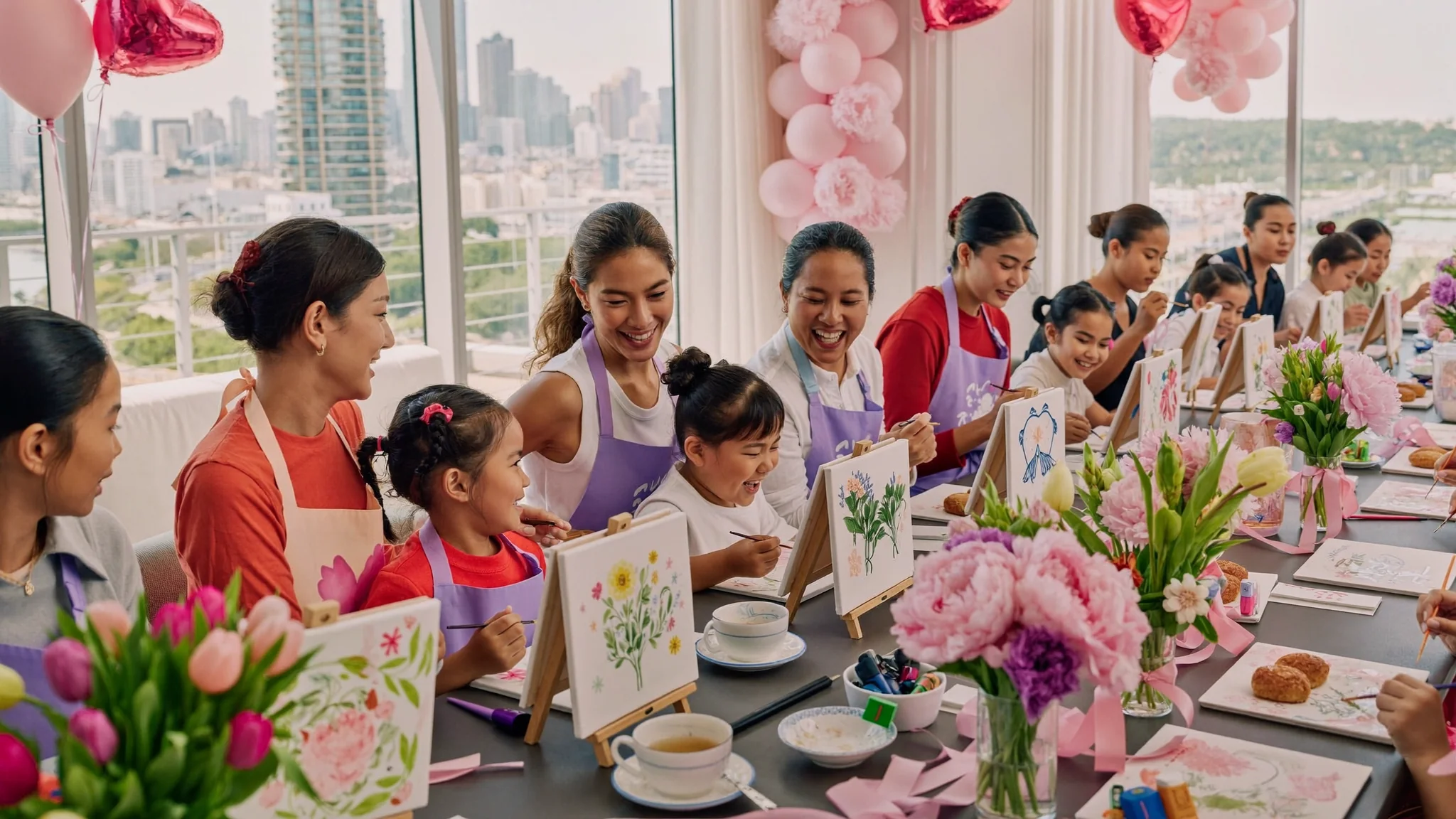 Mothers and daughters painting flowers together at a Mother's Day art workshop in Dubai