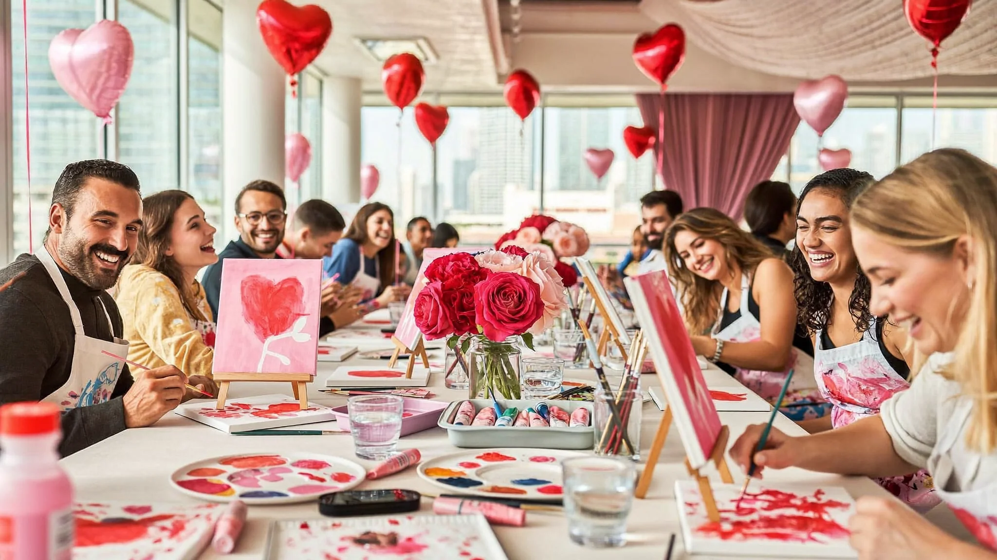Group of friends painting small heart-themed canvases at a Valentine's art event in Dubai