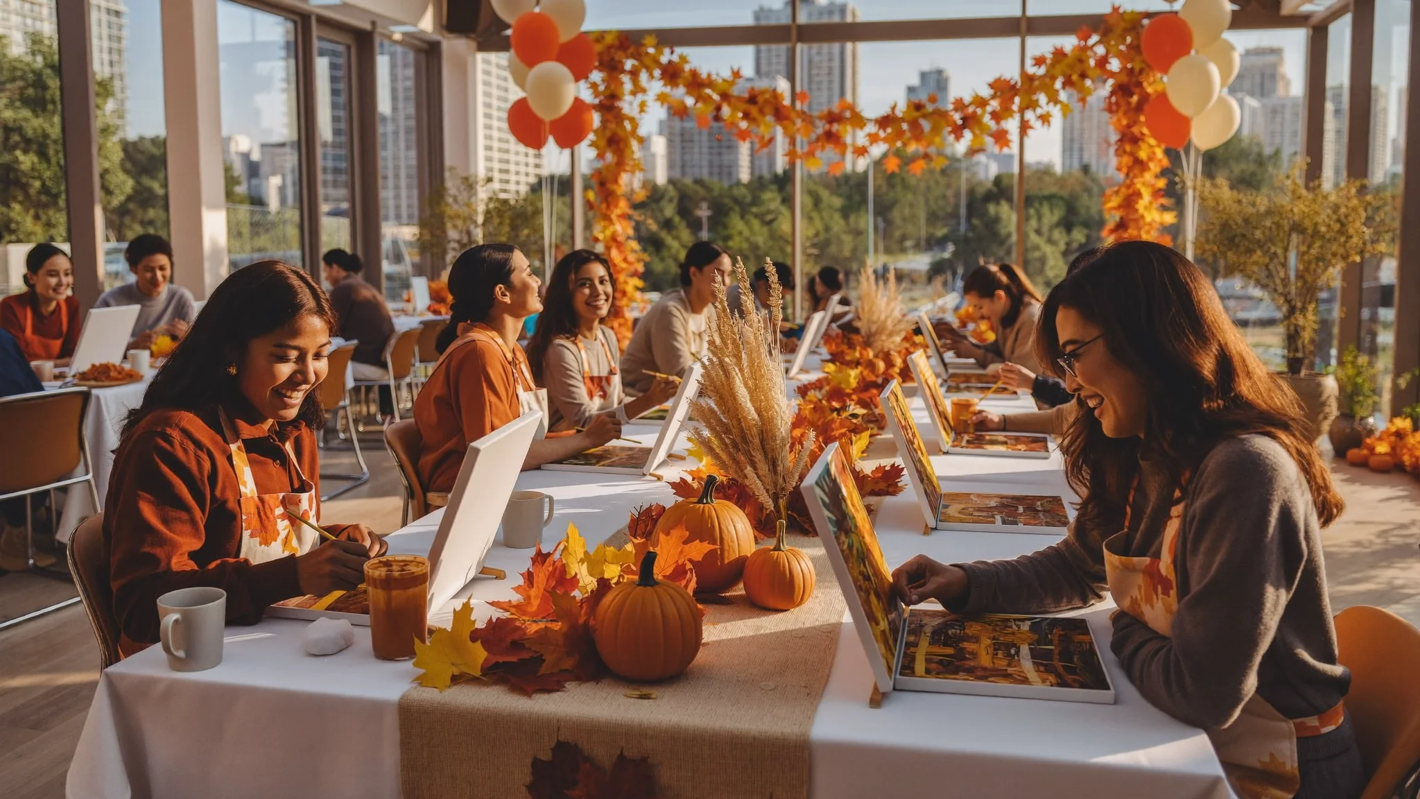 Guests painting autumn landscapes at a cosy fall-themed art workshop in Dubai