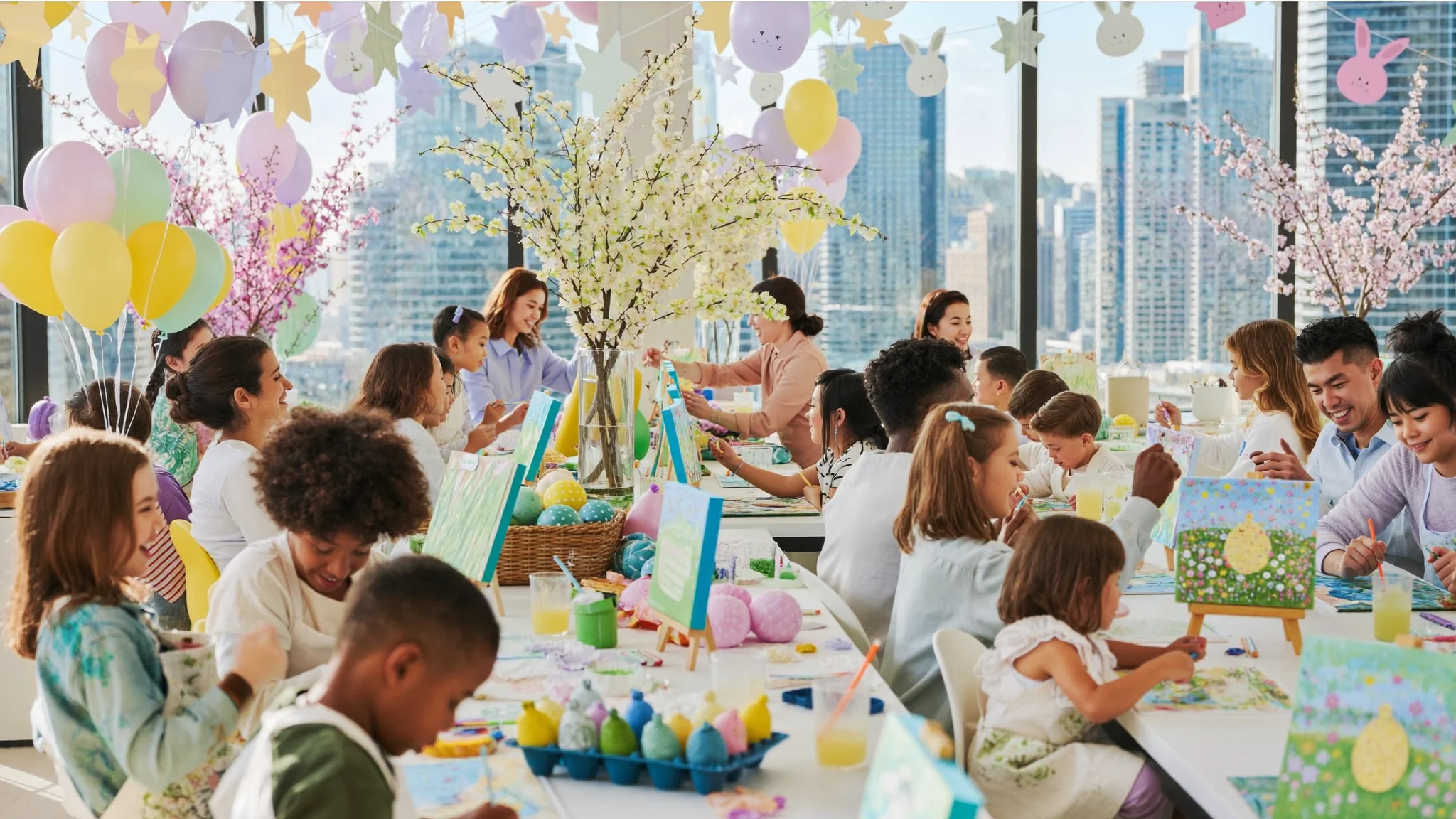 Families painting Easter eggs and spring artwork at a festive art event in Dubai