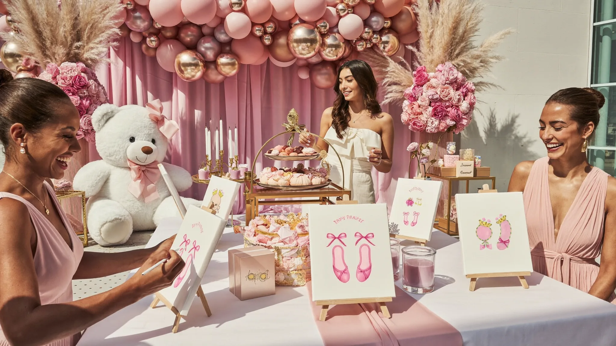 Elegant baby girl shower with pink decor and guests painting on canvas easels in Dubai
