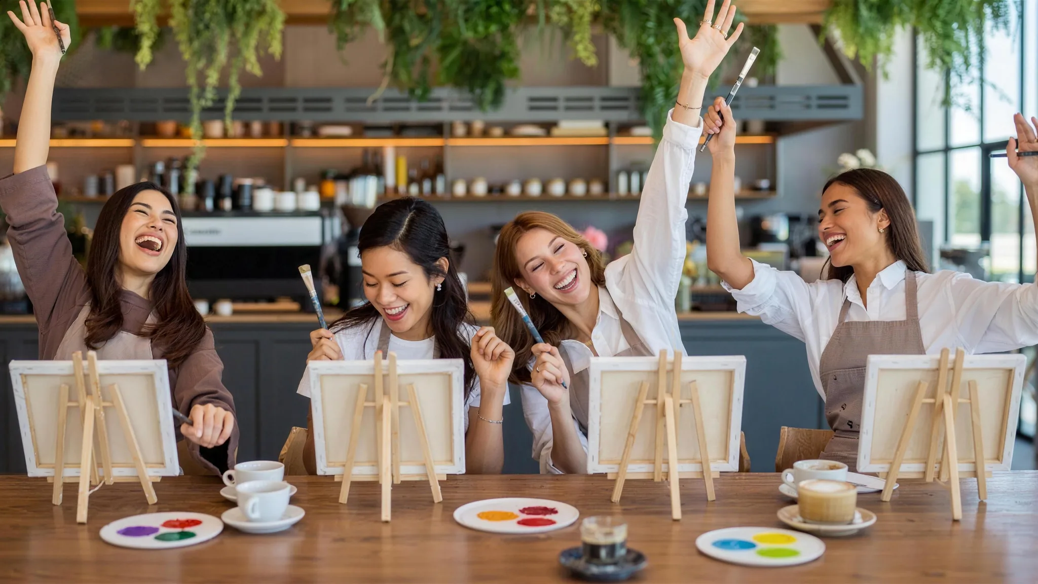 Four friends raising brushes in celebration while painting on canvas easels at a coffee shop art session in Dubai