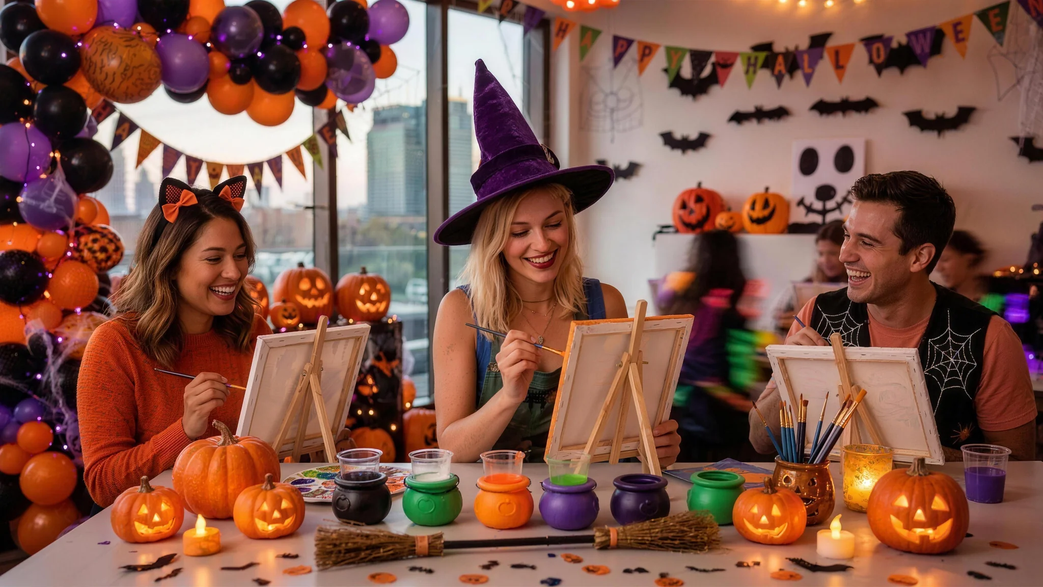 Guests in playful costumes painting on canvas easels at a festive Halloween paint party in Dubai
