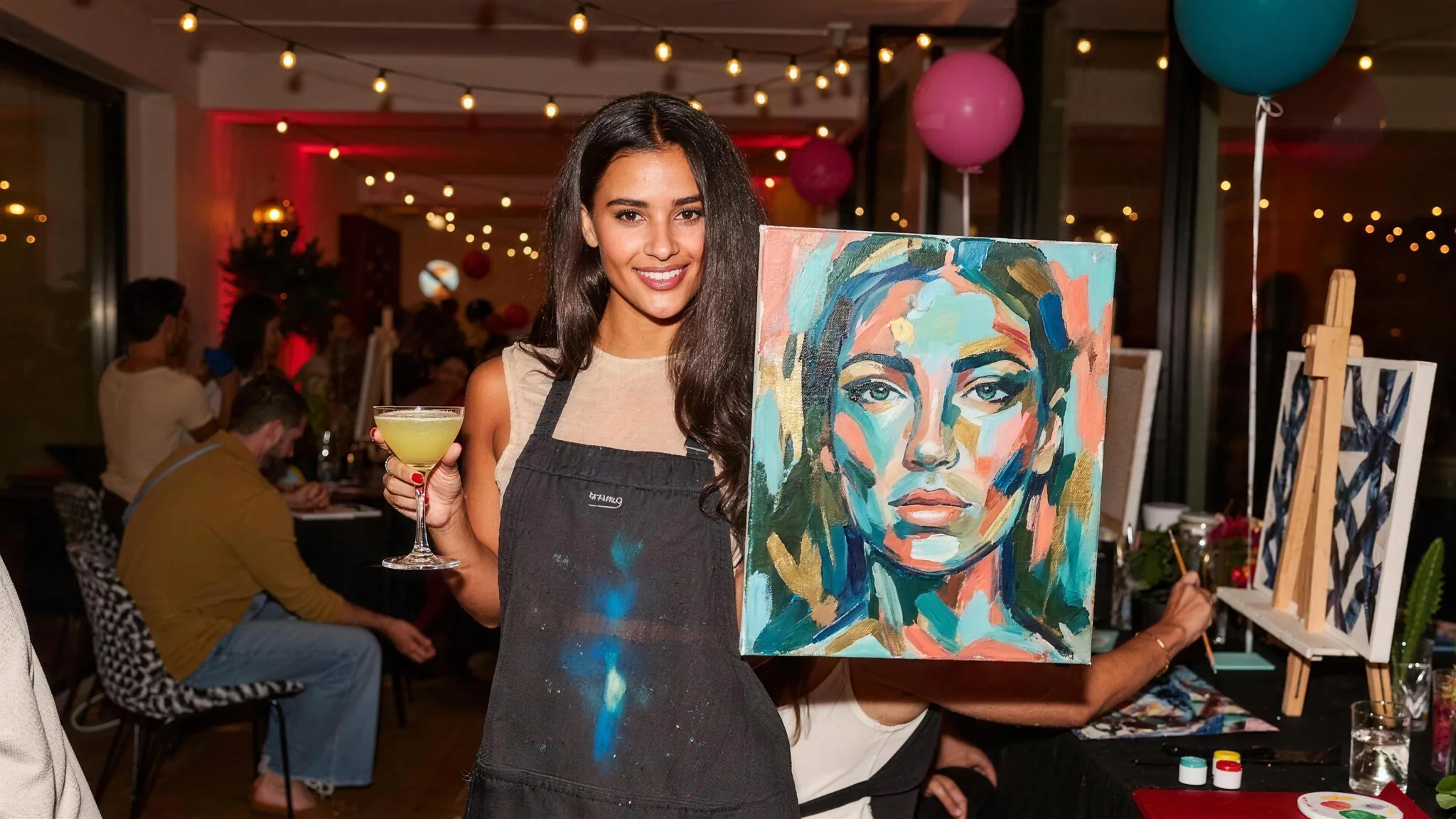 Woman proudly showing her modern portrait painting with a cocktail at an evening art party in Dubai