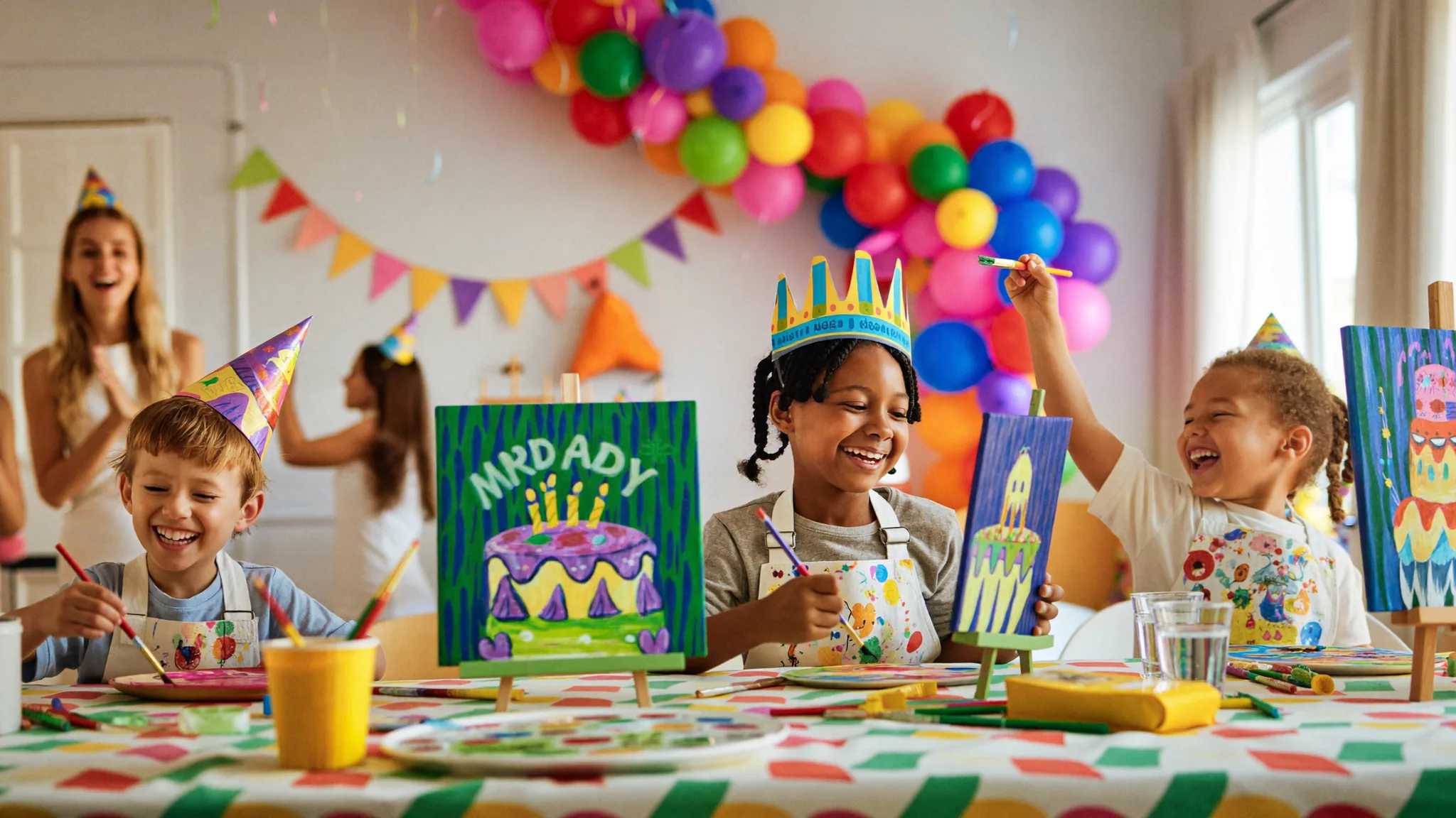 Children painting on canvas easels at a colourful birthday paint party in Dubai