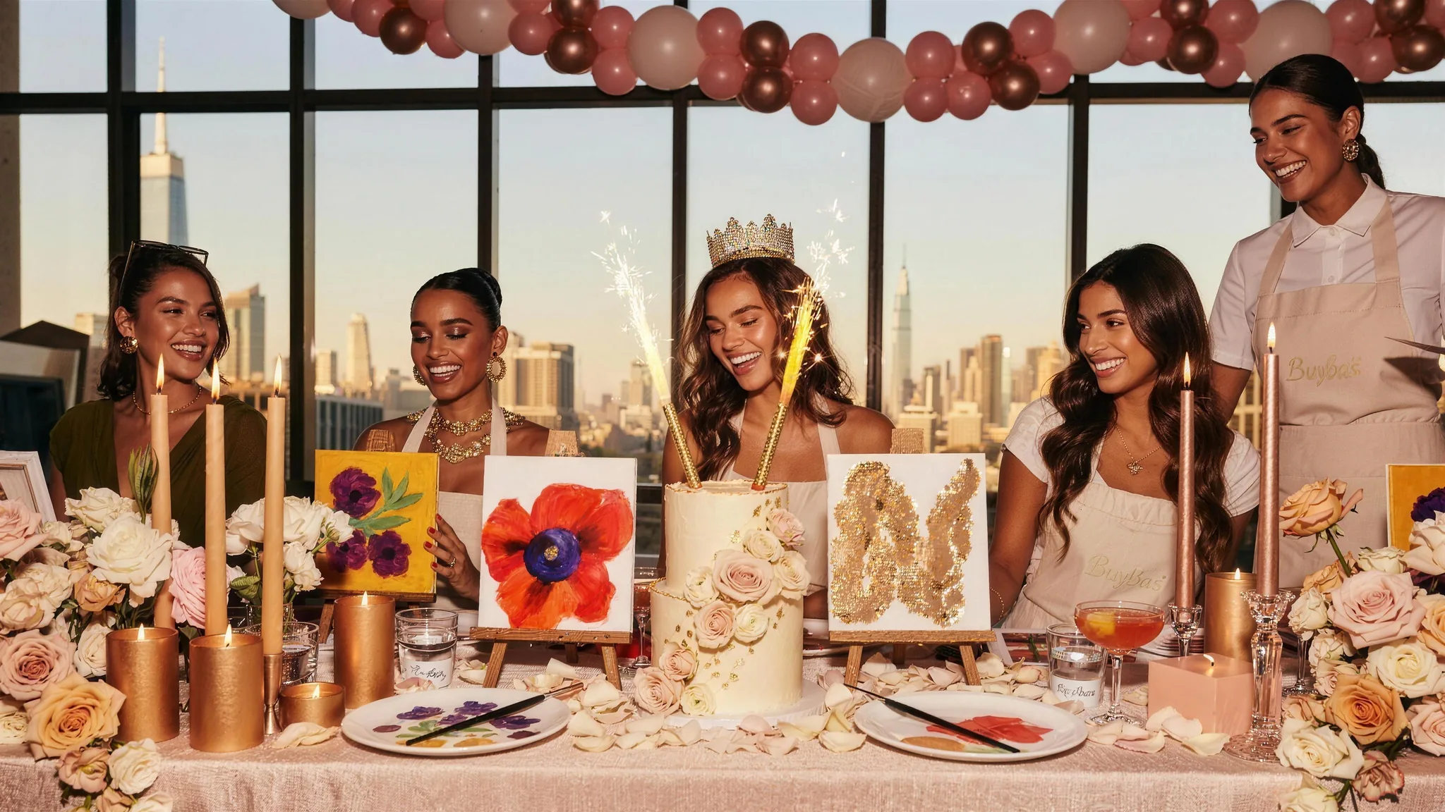 Women celebrating a birthday with a cake and painting on canvas easels at a styled event in Dubai