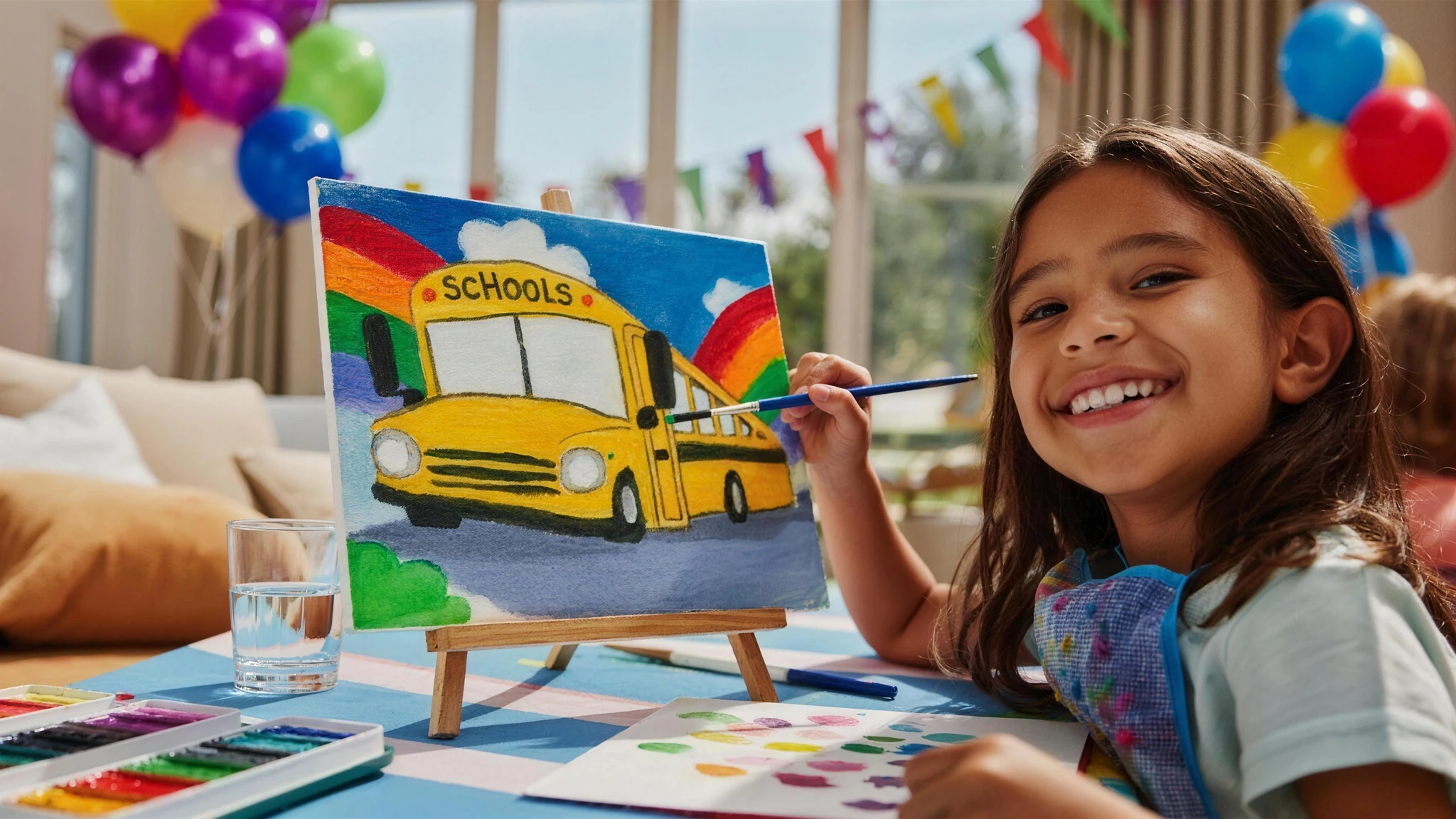 Happy young child painting a school bus on a canvas easel at a back-to-school art party in Dubai