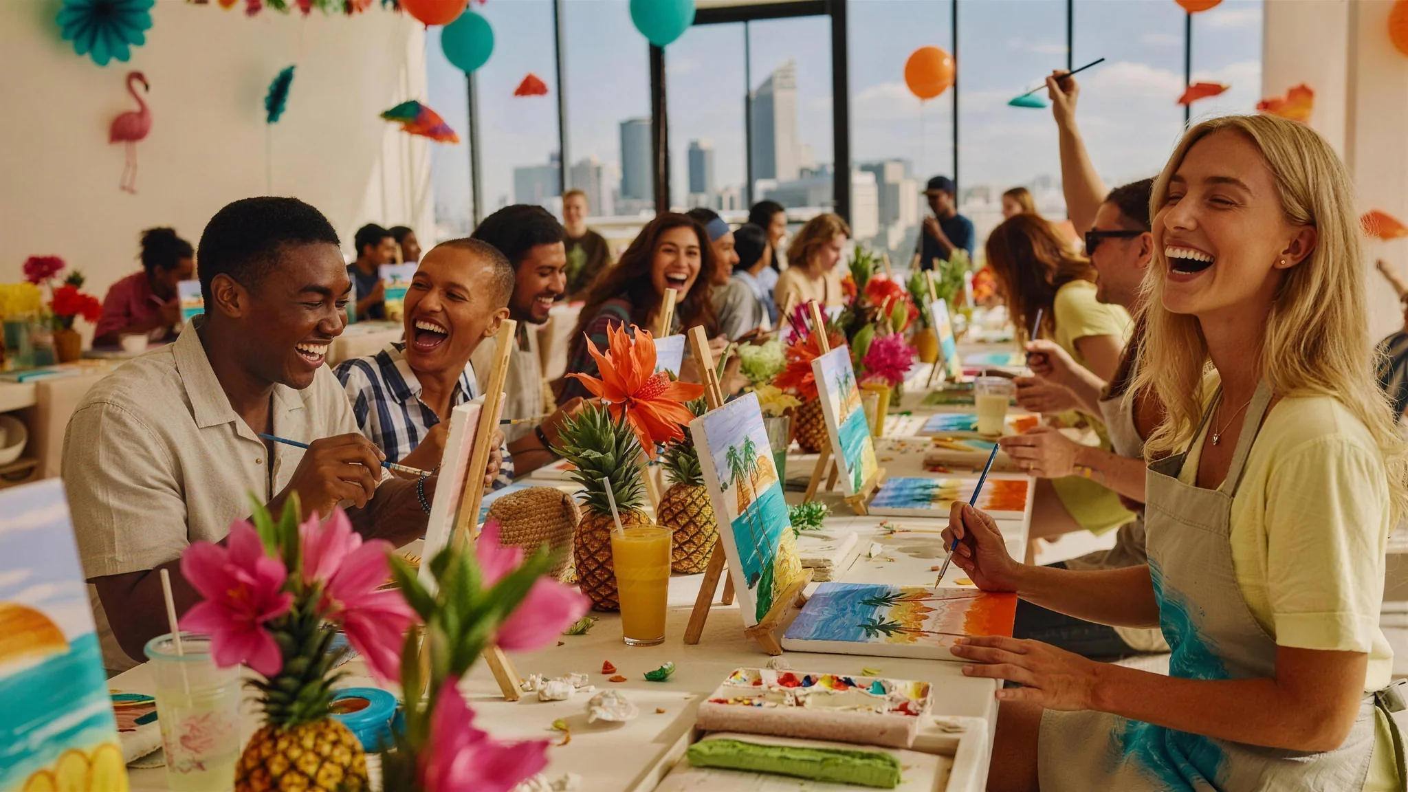 Friends painting tropical artwork on canvas easels at a summer-themed art event in Dubai