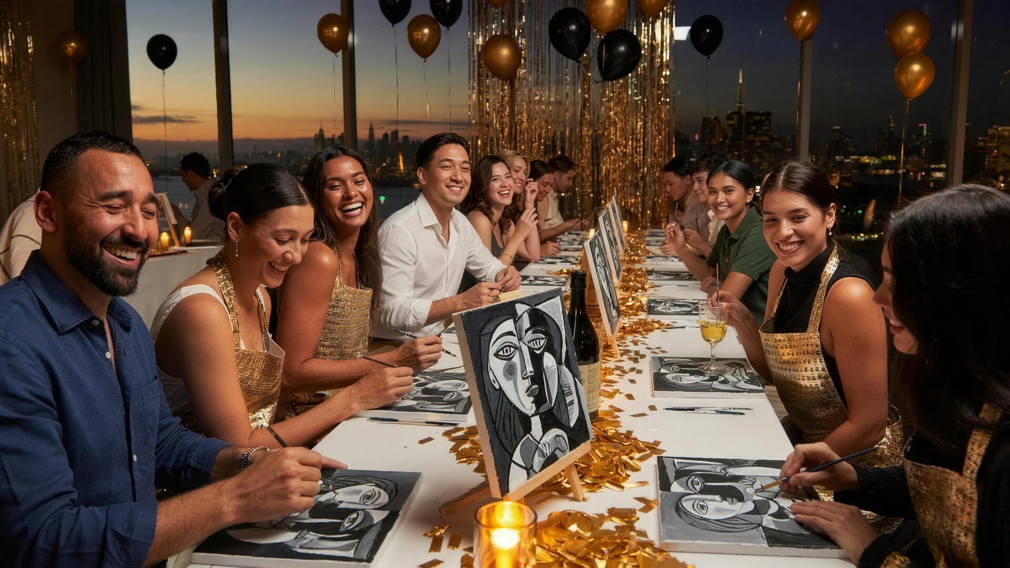 Guests in smart casual painting monochrome artwork on canvas easels at a New Year art celebration in Dubai