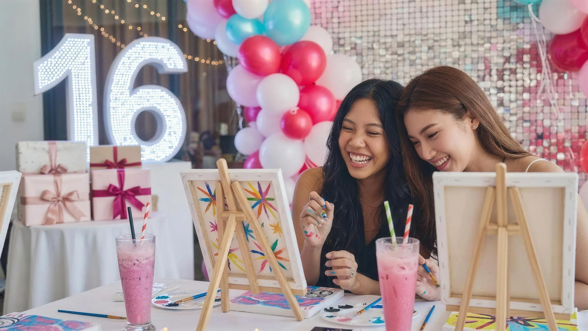 Birthday girl and friend painting on canvas easels at a stylish Sweet 16 party in Dubai