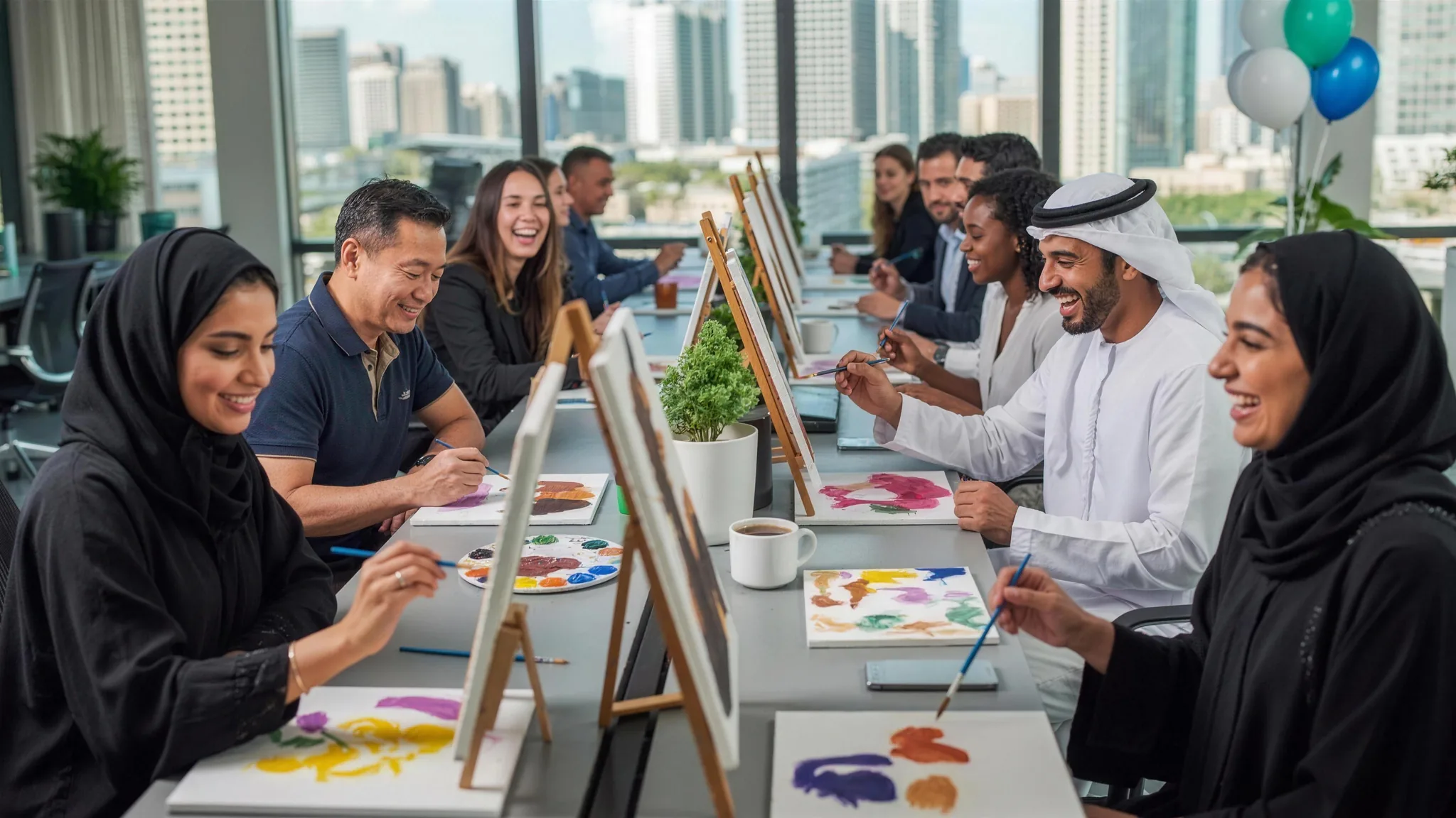 Multicultural colleagues including Emirati team members painting on canvas easels at a corporate team-building event in Dubai