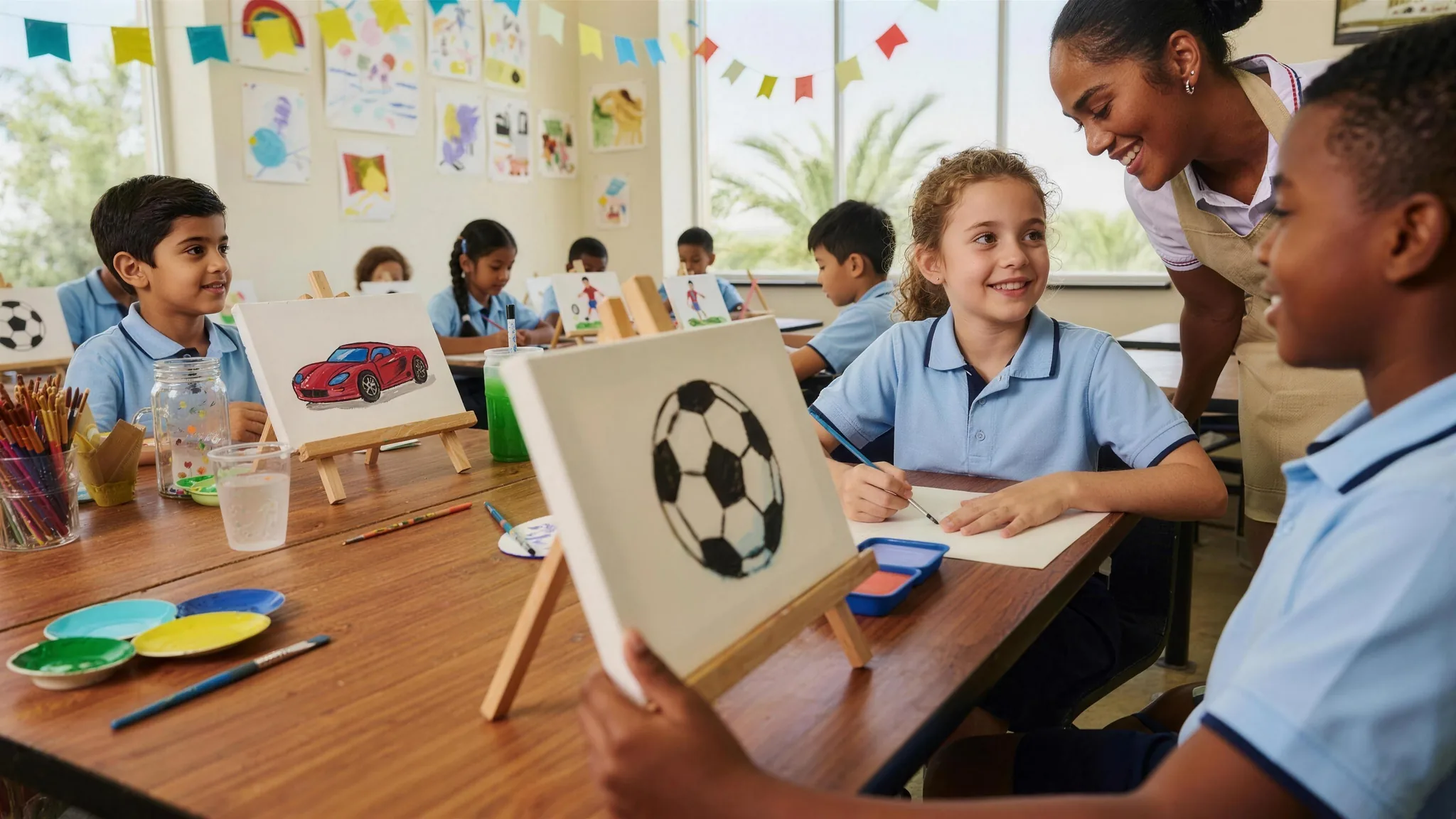 School children in uniform painting football and car artwork on canvas easels in a classroom art session